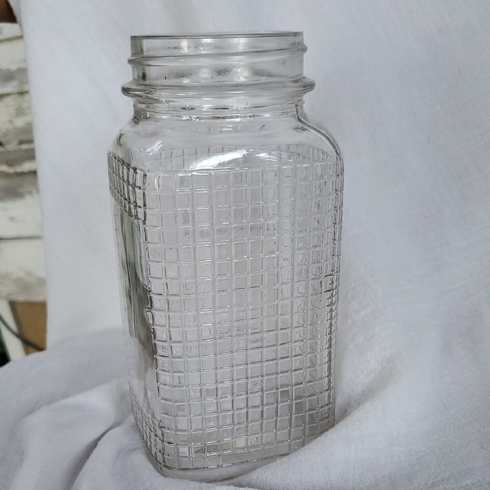 Clear Textured Glass Jar- Quilted Square Waffle Grid Pattern *no Lid* - Picture 2 of 4